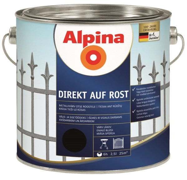 DAŽAI METALO ANTIKOROZINIAI ALPINA DIREKT AUF ROST 2.5L JUODOS SPALVOS RAL9005