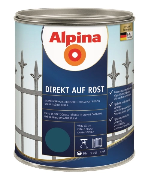 DAŽAI METALO ANTIKOROZINIAI ALPINA DIREKT AUF ROST 0.75L MĖLYNOS SPALVOS RAL5010