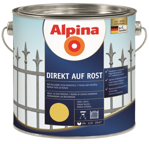 DAŽAI METALO ANTIKOROZINIAI ALPINA DIREKT AUF ROST 2.5L GELTONOS SPALVOS RAL1021