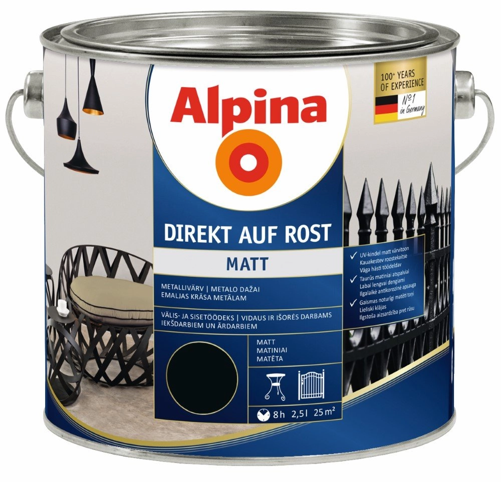 DAŽAI METALO ANTIKOROZINIAI ALPINA DIREKT AUF ROST MATT 2.5L JUODOS SPALVOS RAL9005