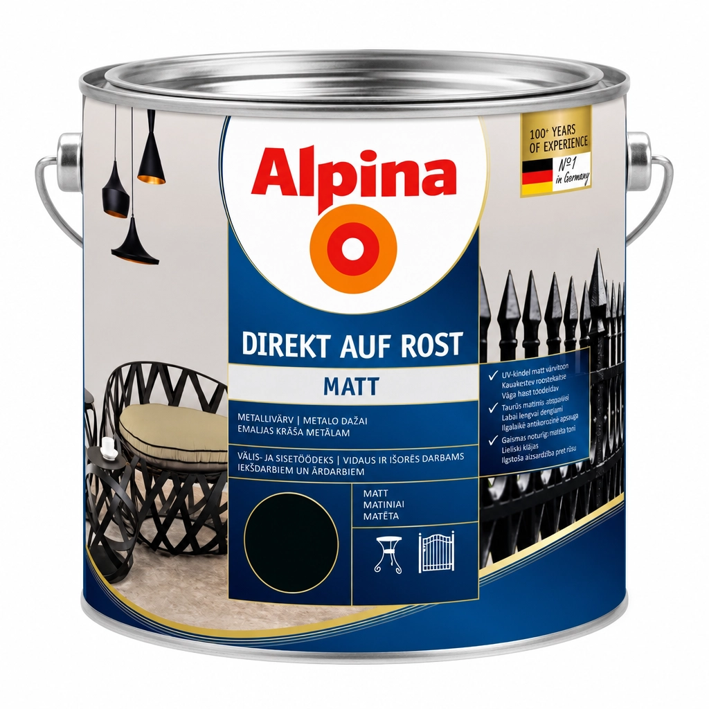 DAŽAI METALO ANTIKOROZINIAI ALPINA DIREKT AUF ROST MATT 0.75L JUODOS SPALVOS RAL9005