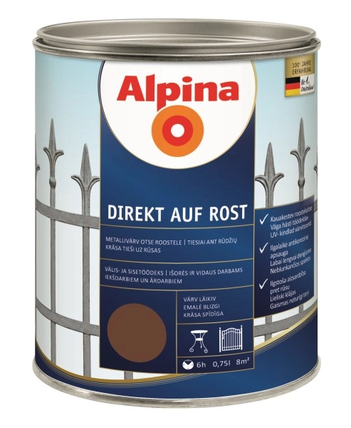 DAŽAI METALO ANTIKOROZINIAI ALPINA DIREKT AUF ROST 0.75L RUDOS SPALVOS RAL8011