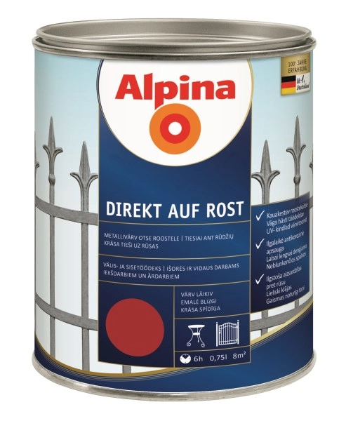 DAŽAI METALO ANTIKOROZINIAI ALPINA DIREKT AUF ROST 0.75L RUDONOS SPALVOS RAL3000