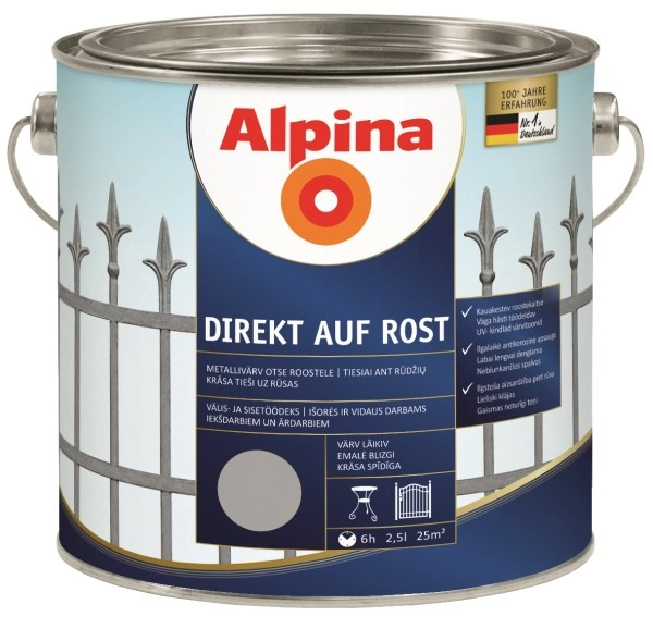 DAŽAI METALO ANTIKOROZINIAI ALPINA DIREKT AUF ROST 2.5L SIDABRINĖS SPALVOS RAL9006