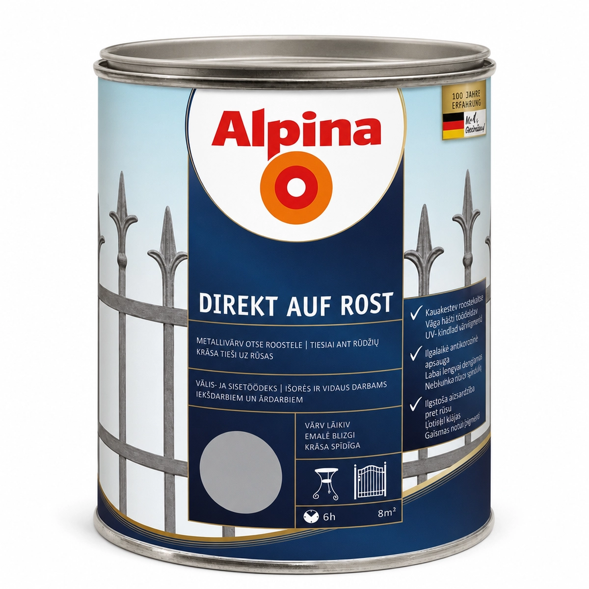 DAŽAI METALO ANTIKOROZINIAI ALPINA DIREKT AUF ROST 2.5L PILKOS SPALVOS RAL7040