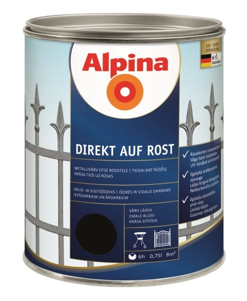 DAŽAI METALO ANTIKOROZINIAI ALPINA DIREKT AUF ROST 0.75L JUODOS SPALVOS RAL9005