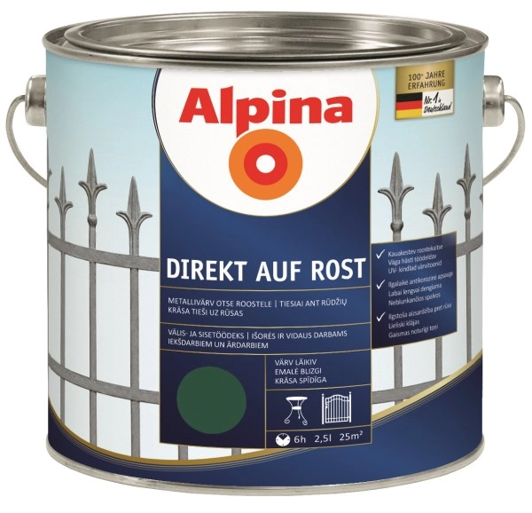 DAŽAI METALO ANTIKOROZINIAI ALPINA DIREKT AUF ROST 2.5L ŽALIOS SPALVOS RAL6005