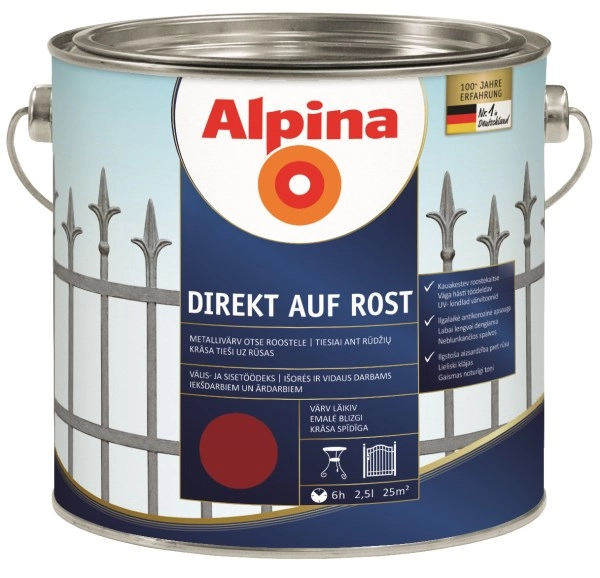 DAŽAI METALO ANTIKOROZINIAI ALPINA DIREKT AUF ROST 2.5L RAUDONO VYNO SPALVOS RAL3005