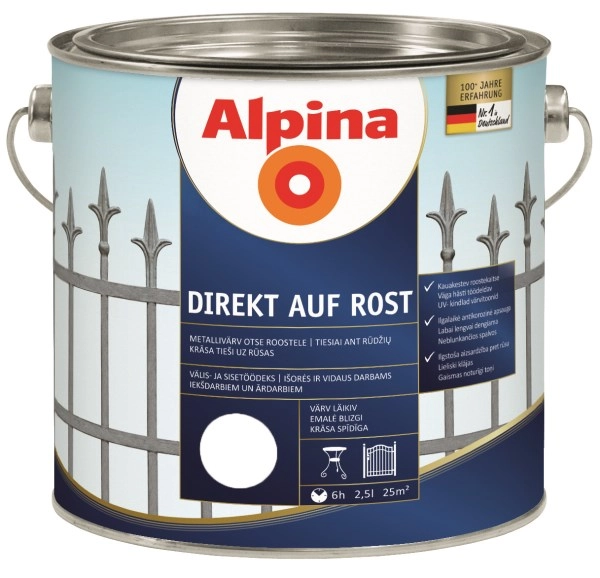 DAŽAI METALO ANTIKOROZINIAI ALPINA DIREKT AUF ROST 2.5L BALTOS SPALVOS RAL9016