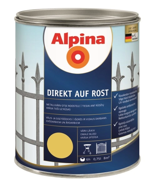 DAŽAI METALO ANTIKOROZINIAI ALPINA DIREKT AUF ROST 0.75L GELTONOS SPALVOS RAL1021