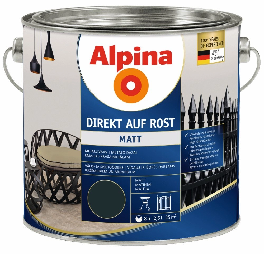 DAŽAI METALO ANTIKOROZINIAI ALPINA DIREKT AUF ROST MATT 2.5L TAMSIAI PILKOS SPALVOS RAL7016