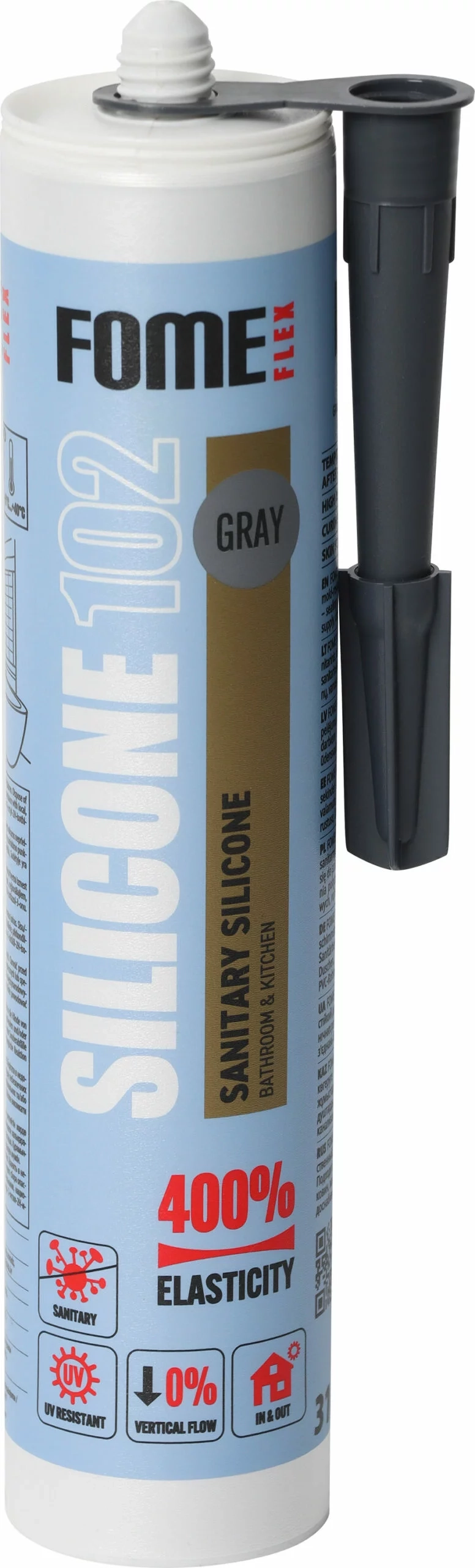 FOME FLEX SANITARY SILICONE 102 pilkos spalvos sanitarinis hermetikas 310ml vonios kambario sandarinimui