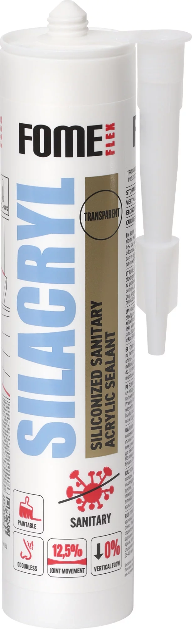 FOME FLEX SILACRYL 300ml skaidrus hermetikas vonios ir sanitarinių patalpų sandarinimui