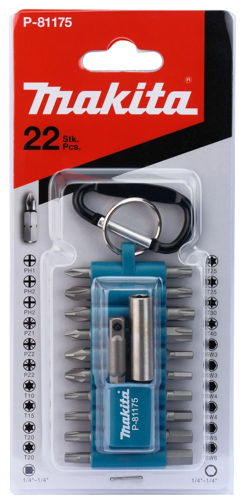Makita P-81175 antgalių komplektas atidarytas dėklas su visais 22 antgaliais ir adapteriu