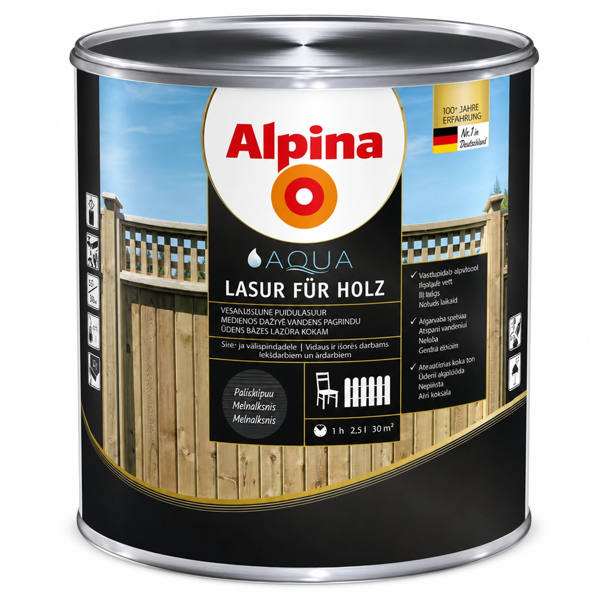 LAZŪRA MEDIENAI ALPINA AQUA 2.5L JUODMEDŽIO SPALVOS