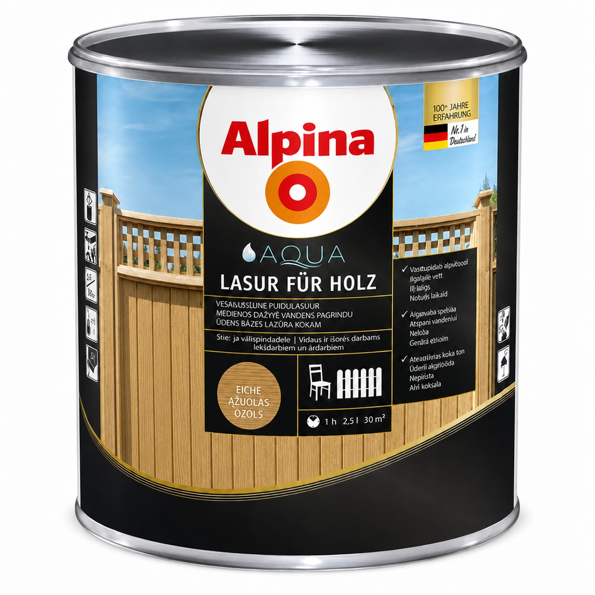 LAZŪRA MEDIENAI ALPINA AQUA HOLZLASUR 2.5L ĄŽUOLO SPALVOS