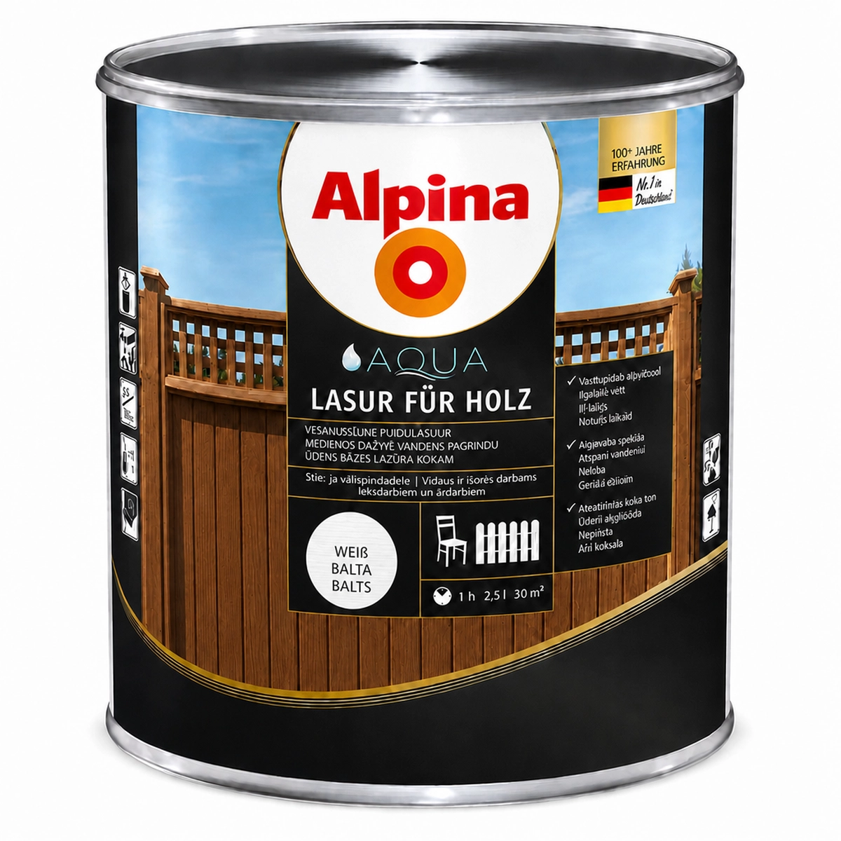 LAZŪRA MEDIENAI ALPINA AQUA HOLZLASUR 2.5L BALTOS SPALVOS