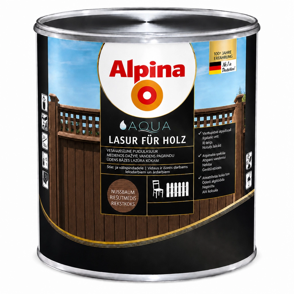LAZŪRA MEDIENAI ALPINA AQUA HOLZLASUR 10L RIEŠUTMEDŽIO SPALVOS