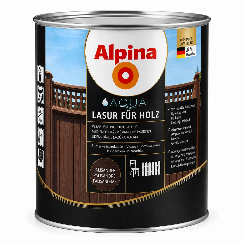 LAZŪRA MEDIENAI ALPINA AQUA HOLZLASUR 10L PALISANDERIO SPALVOS