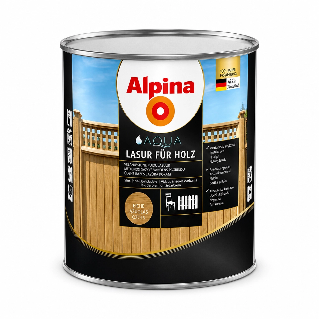 Alpina Aqua Holzlasur 10 litrų ąžuolo spalvos medienos lazūra vandens pagrindu lauko darbams