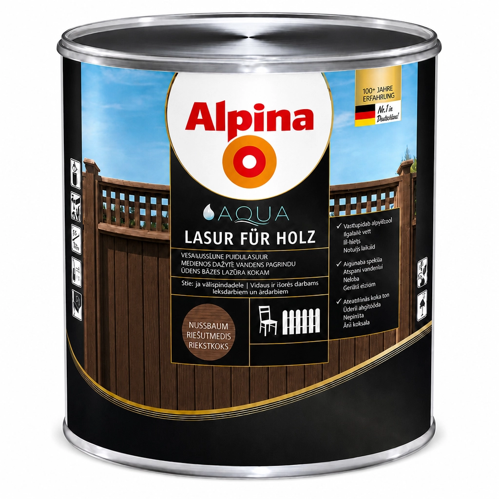 LAZŪRA MEDIENAI ALPINA AQUA HOLZLASUR 0.75L RIEŠUTMEDŽIO SPALVOS