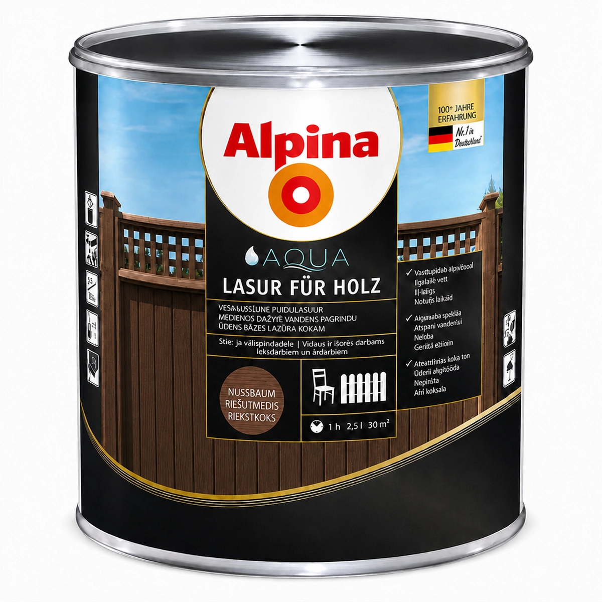 LAZŪRA MEDIENAI ALPINA AQUA HOLZLASUR 2.5L RIEŠUTMEDŽIO SPALVOS