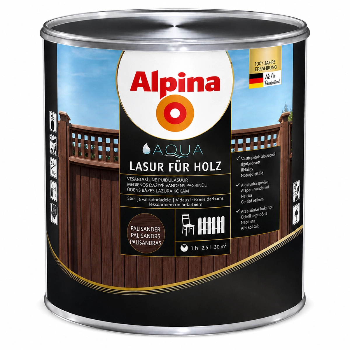 LAZŪRA MEDIENAI ALPINA AQUA HOLZLASUR 2.5L PALISANDERIO SPALVOS
