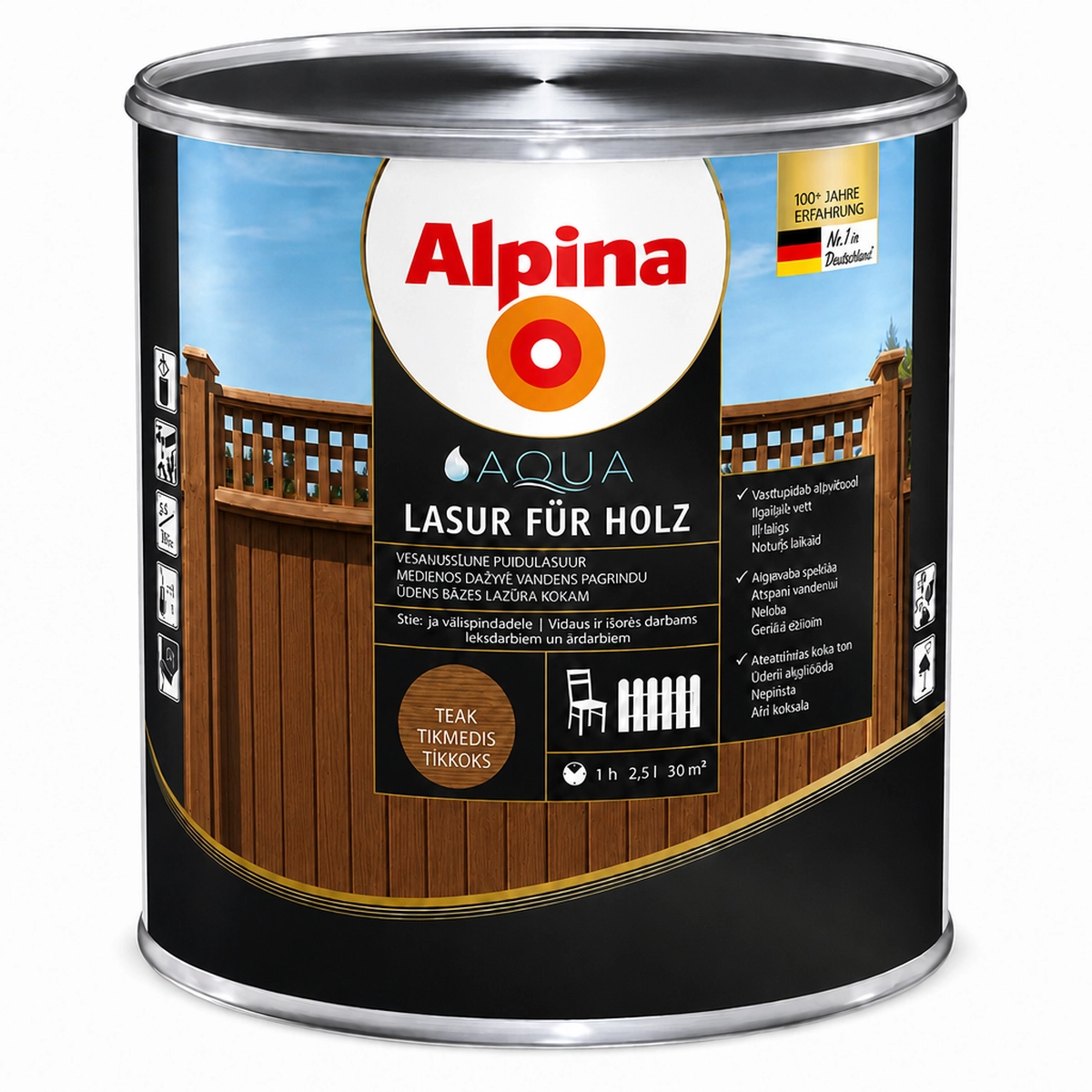 LAZŪRA MEDIENAI ALPINA AQUA HOLZLASUR 2.5L TIKMEDŽIO SPALVOS
