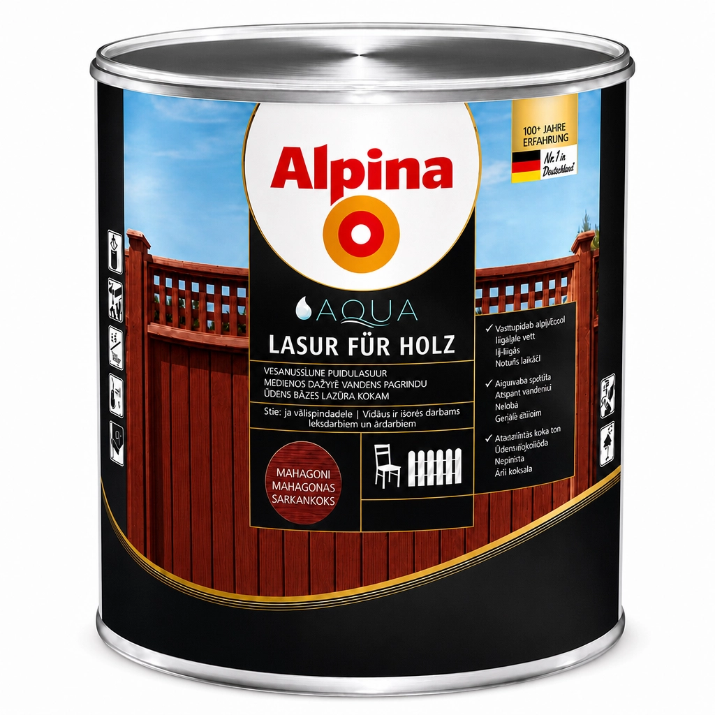 LAZŪRA MEDIENAI ALPINA AQUA HOLZLASUR 10L RAUDONMEDŽIO SPALVOS