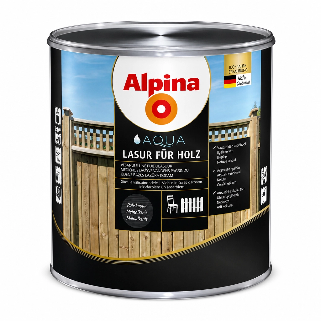 LAZŪRA MEDIENAI ALPINA AQUA HOLZLASUR 0.75L JUODMEDŽIO SPALVOS