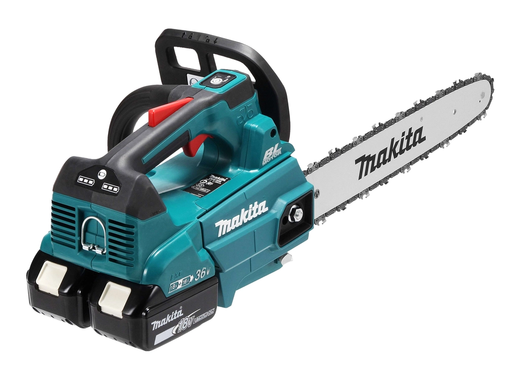 Makita DUC356Z grandininio pjūklo valdymo skydelis ir saugos funkcijos