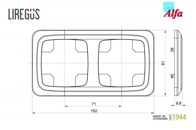 Liregus Alfa baltos spalvos dvivietis jungiklių rėmelis K14-135-02 ant sienos