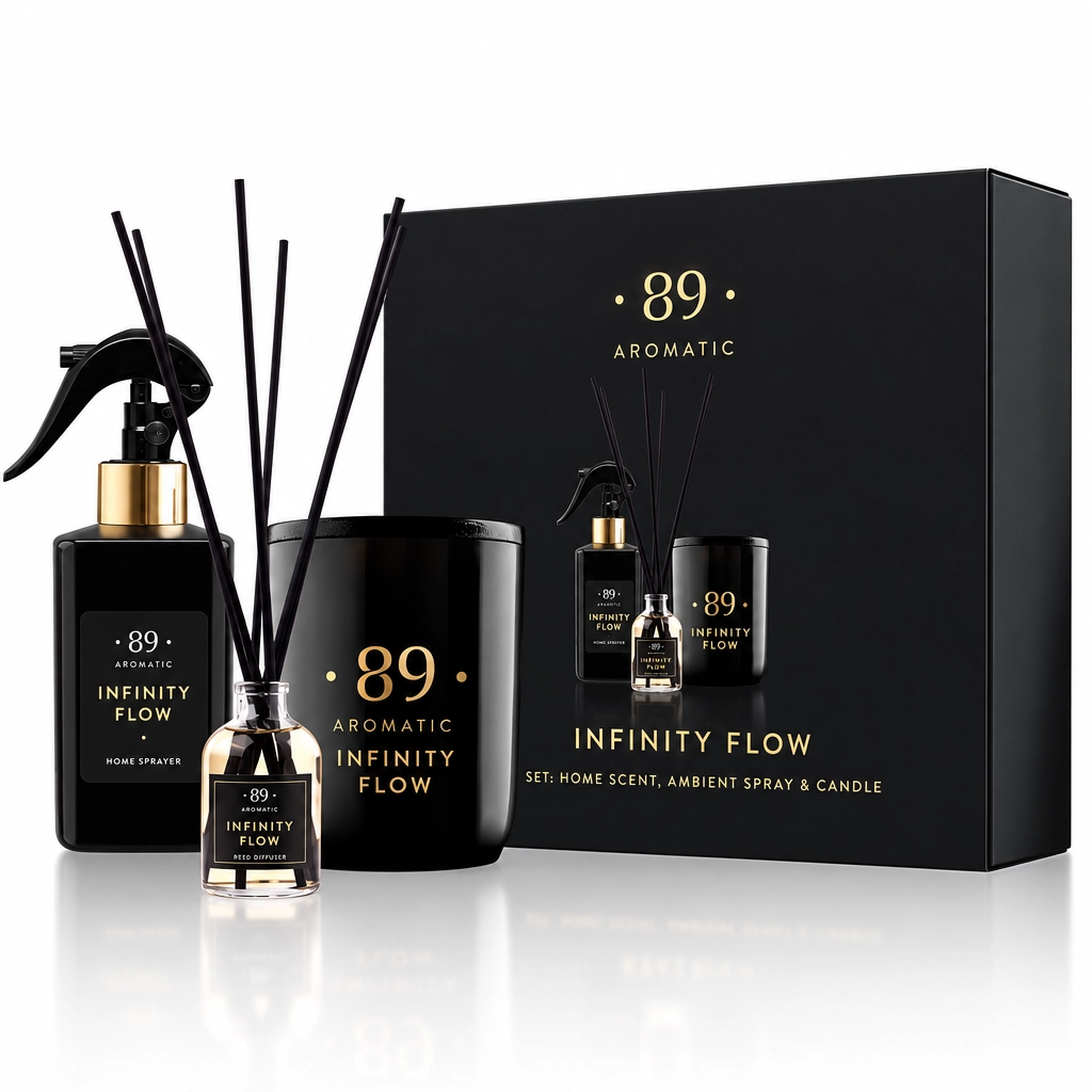 RINKINYS NAMŲ KVAPAS, PURŠKIAMAS NAMŲ KVAPAS IR SOJŲ VAŠKO ŽVAKĖ INFINITY FLOW AROMATIC 89