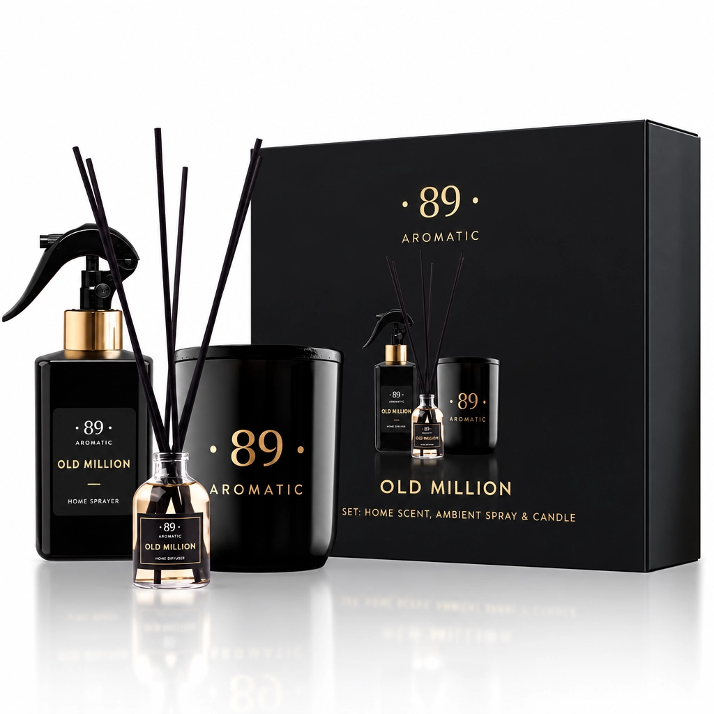 RINKINYS NAMŲ KVAPAS, PURŠKIAMAS NAMŲ KVAPAS IR SOJŲ VAŠKO ŽVAKĖ OLD MILLION AROMATIC 89