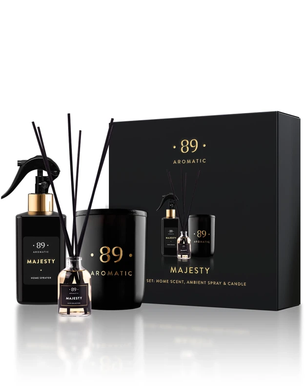 RINKINYS NAMŲ KVAPAS, PURŠKIAMAS NAMŲ KVAPAS IR SOJŲ VAŠKO ŽVAKĖ MAJESTY AROMATIC 89