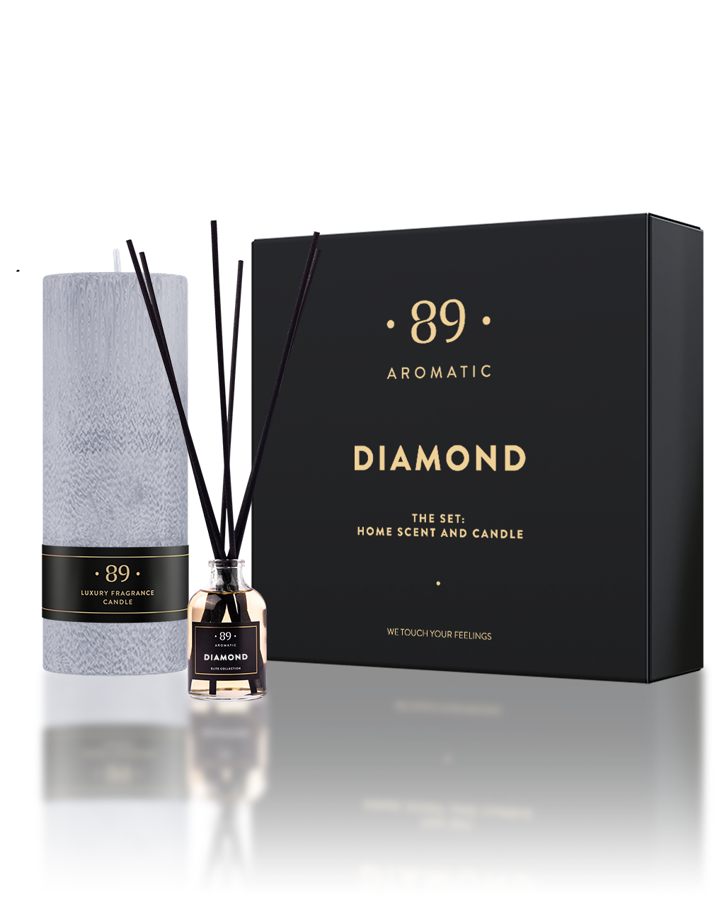 RINKINYS NAMŲ KVAPO SU LAZDELĖMIS IR PALMIŲ VAŠKO ŽVAKĖ DIAMOND AROMATIC 89