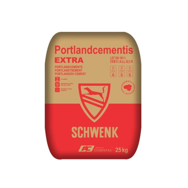 EXTRA pilkas cementas CEM II B-MS-LL 42.5R 25kg maišas statybos darbams