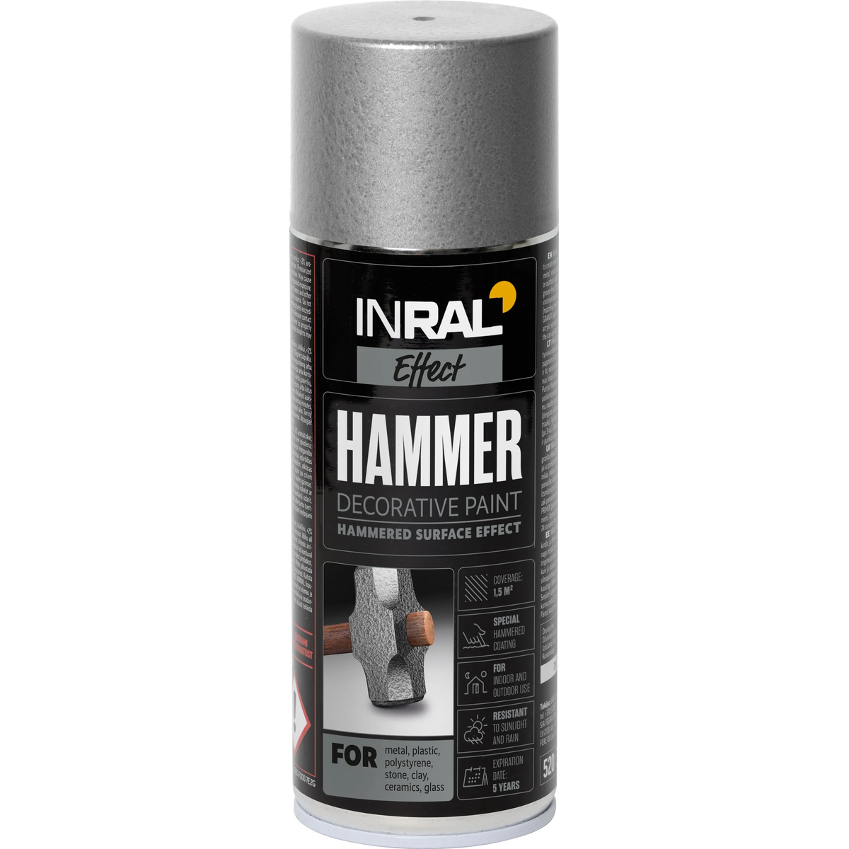 INRAL DECOR HAMMER sidabriniai aerozoliniai dažai 400ML su kaldinto metalo efektu vidaus ir lauko darbams