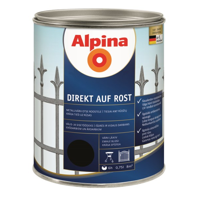 ALPINA DIREKT AUF ROST antikoroziniai juodi metalo dažai 0.75L RAL9005 su 3in1 apsauga nuo rūdžių