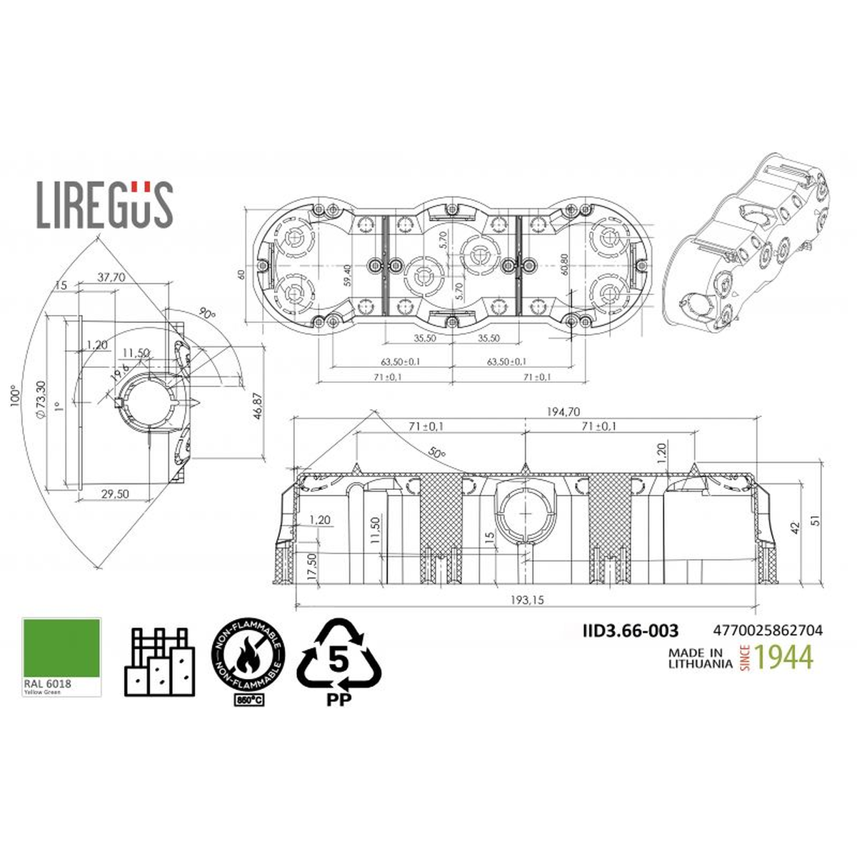 Trivietė elektros montavimo dėžutė Liregus žalios spalvos