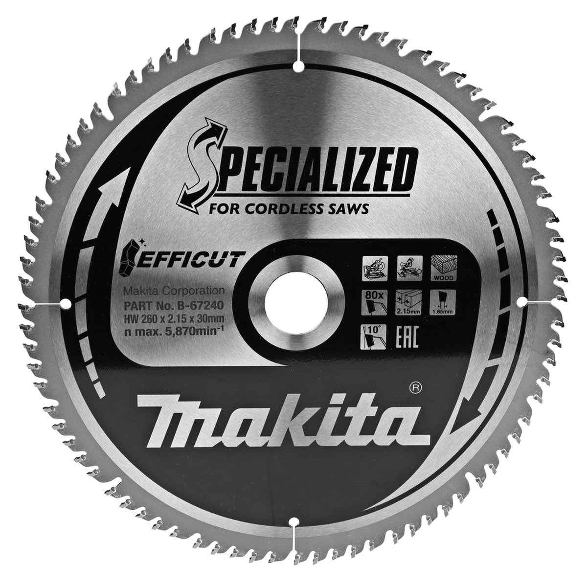 Makita EFFICUT B-67240 pjovimo diskas 260x30mm medienai ir laminatui su tiksliais dantimis