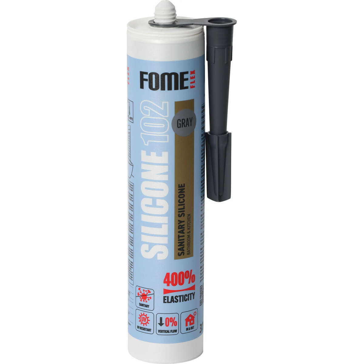 FOME FLEX SANITARY SILICONE 102 pilkos spalvos sanitarinis hermetikas 310ml vonios kambario sandarinimui