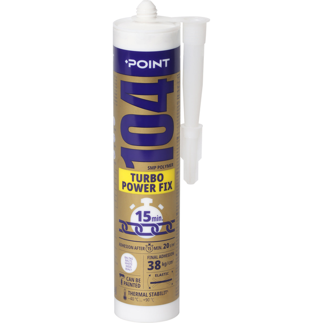 POINT 104 TURBO POWER FIX hibridiniai klijai hermetikas 290ml baltos spalvos SMP polimero pagrindu statybinėms medžiagoms