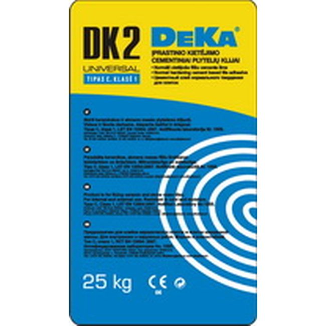 DEKA DK2 plytelių klijai 25kg maiše keraminėms plytelėms klijuoti vidaus ir išorės darbuose