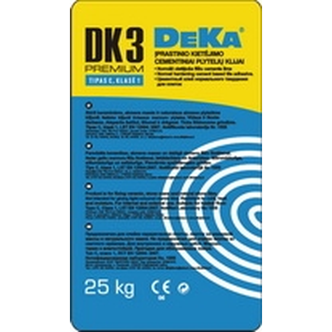 DEKA DK3 plytelių klijai 25kg maišas keraminėms plytelėms klijuoti viduje ir išorėje