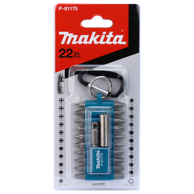 Makita P-81175 antgalių komplektas atidarytas dėklas su visais 22 antgaliais ir adapteriu