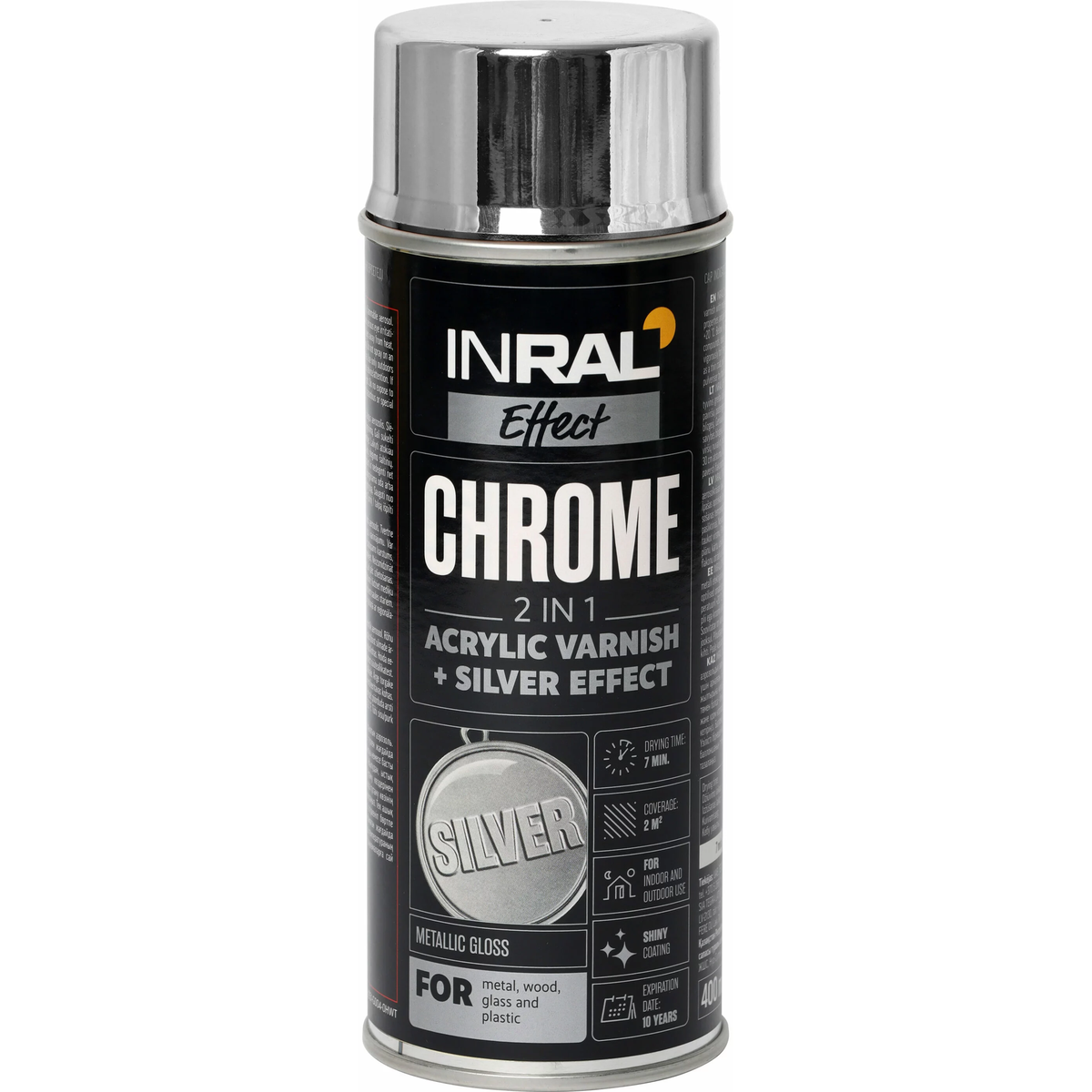 INRAL CHROME aerozolinis akrilinis lakas 400ML sidabrinės spalvos balionėlis su metaliniu blizgesiu
