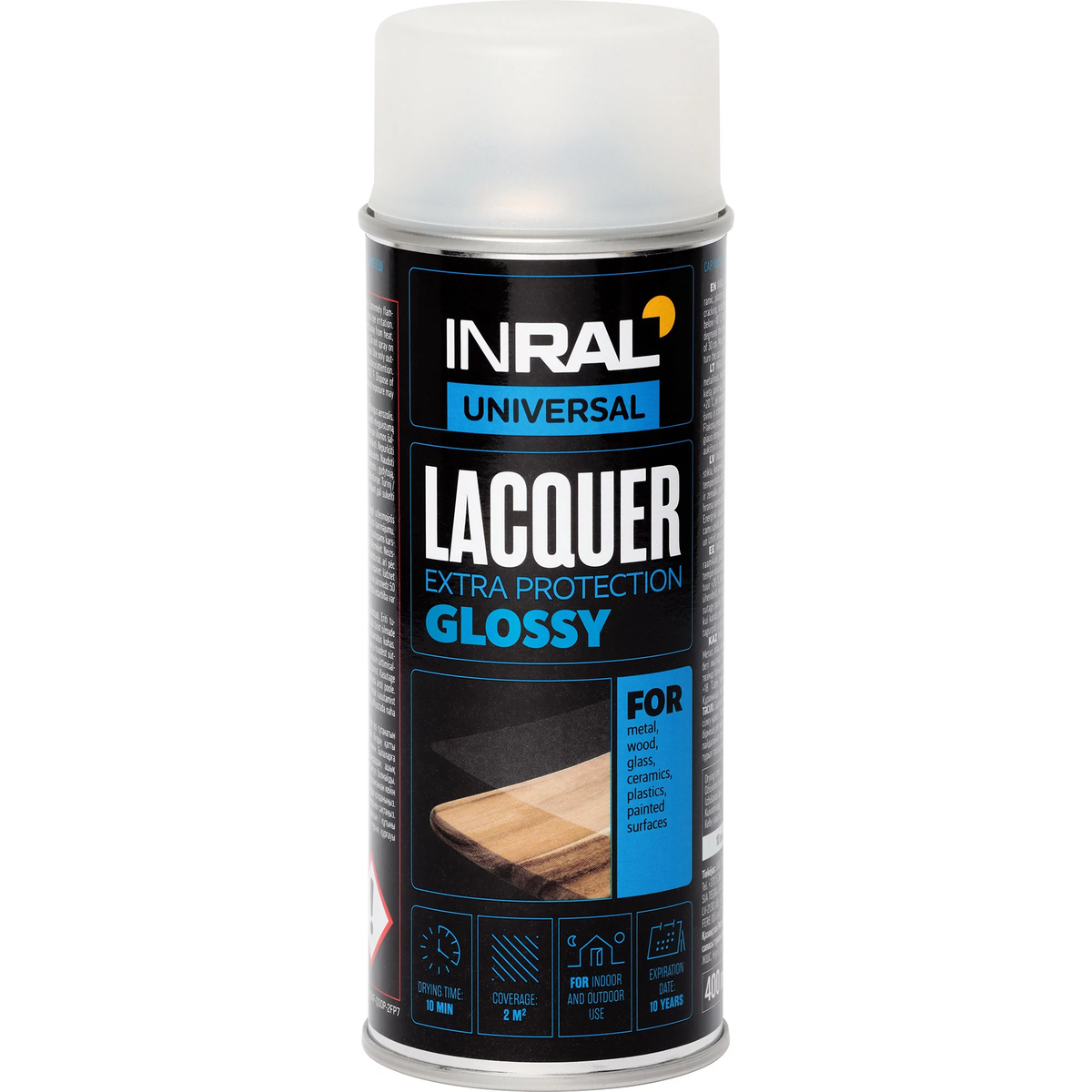 INRAL LACQUER akrilinis aerozolinis lakas 400ml blizgus skaidrus balionėlis