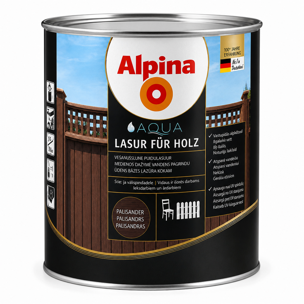 ALPINA AQUA HOLZLASUR 10L palisanderio spalvos lazūra medienai su teptuką ir medienos pavyzdžiu