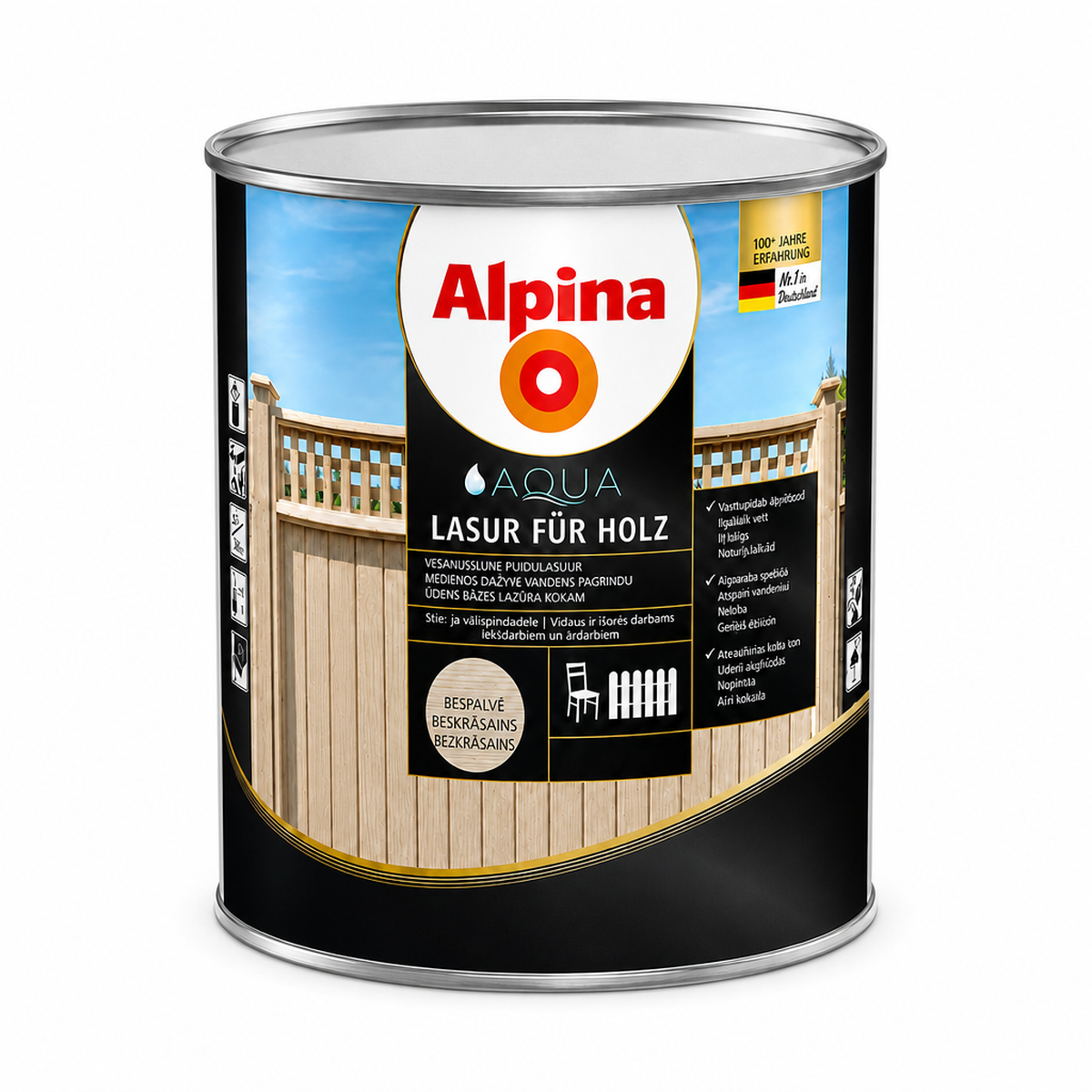 ALPINA AQUA HOLZLASUR 10L bespalvė lazūra medienai vandens pagrindu vidaus ir išorės darbams